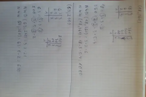 Rysunek przedstawia obliczenia matematyczne na kartce w kratkę, w tym rozkład na czynniki pierwsze liczb 18, 360, 63 i 210.