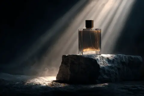 Elegancka butelka perfum na kamieniu, oświetlona promieniami słońca. Czy perfumy mają datę ważności? Ten zapach wydaje się ponadczasowy.