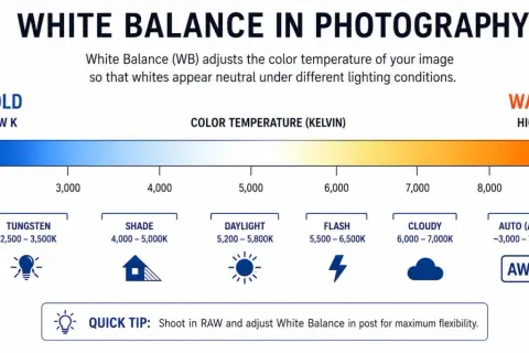Diagram showing the Kelvin scale for white balance in photography, from cold to warm, with examples like tungsten, daylight, and cloudy.