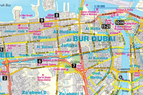Mapa pokazuje, gdzie jest Dubaj, z zaznaczonymi atrakcjami jak Burdż Chalifa, Muzeum Dubaju i Złoty Suk.