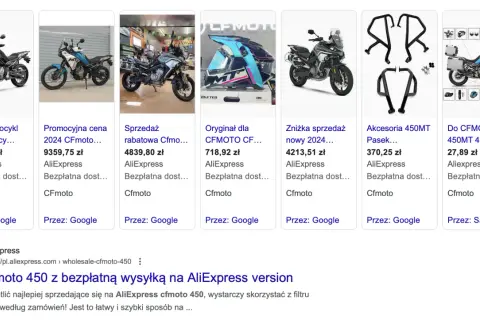 Chińskie motocykle CFMOTO 450 w różnych ofertach, od nowych modeli po akcesoria.
