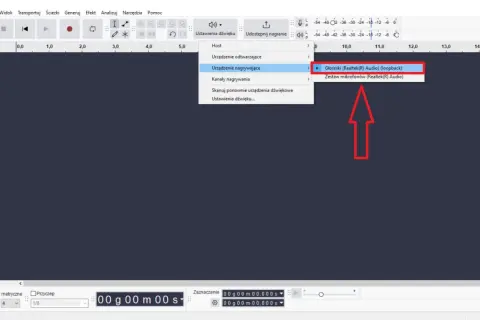 Audacity po polsku: wybór urządzenia nagrywającego - Głośniki (Realtek Audio) (loopback).