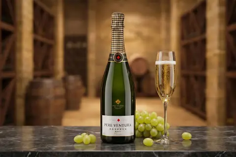 Butelka wina musującego Pere Ventura Reserva Brut, kieliszek pełen bąbelków i winogrona na tle piwniczki z beczkami.