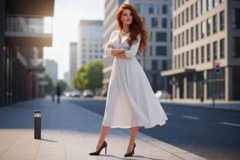 Elegancka kobieta w białej sukience i czarnych butach na obcasie stoi na chodniku w mieście.