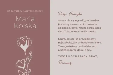 Ostatnie pożegnanie Marii Kolskiej. Kondolencje dla Henryka od brata Dariusza, wyrażające smutek i wsparcie.