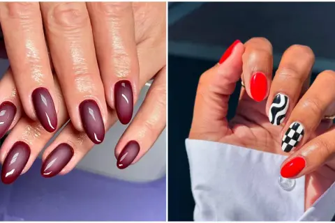 Deux styles de mains : d'un côté, des ongles bordeaux dégradé, de l'autre, des ongles rouges vifs avec des motifs noir et blanc. Chic ongle rouge deco.
