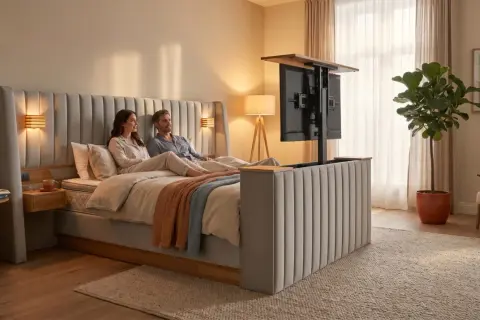 Ein Paar entspannt im Bett, während ein **Fernseher im Schlafzimmer** aus einem Bettgestell fährt.