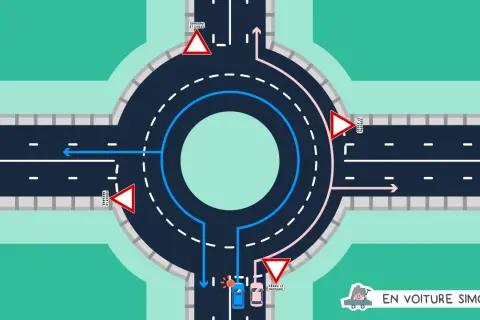Schéma de circulation dans un rond-point avec des panneaux "Cédez le passage" et des flèches indiquant les directions.