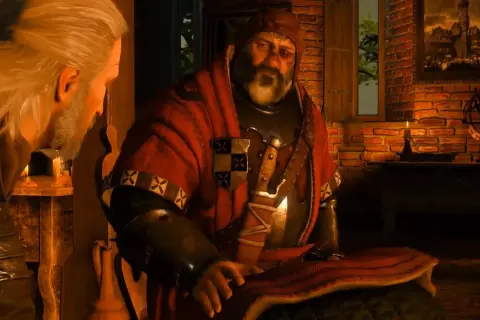 Geralt rozmawia z brodatym mężczyzną w czerwonej szacie. To ważne w Wiedźmin 3 sprawy rodzinne.