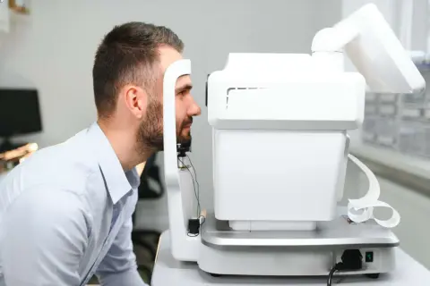 Mężczyzna poddaje się badaniu pola widzenia. Urządzenie okulistyczne bada jego wzrok.