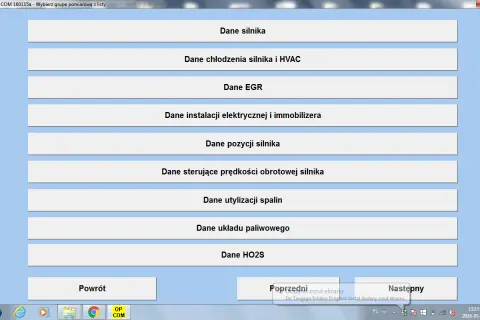 Ekran programu OP-COM do diagnostyki Opla, wyświetla listę grup pomiarowych: dane silnika, chłodzenia, EGR, instalacji elektrycznej, pozycji silnika, prędkości obrotowej, utylizacji spalin, układu paliwowego i HO2S.
