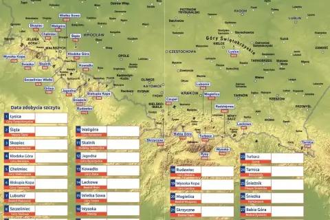 Mapa Polski z zaznaczonymi szczytami i ich wysokościami. "KGP co to?" - to pytanie może dotyczyć najwyższych punktów w Polsce, jak Rysy czy Śnieżka.