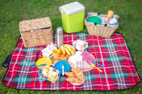 Co zabrać na piknik? Koszyk, termos, jedzenie: kanapki, owoce, wędliny, croissanty, chipsy i napoje.