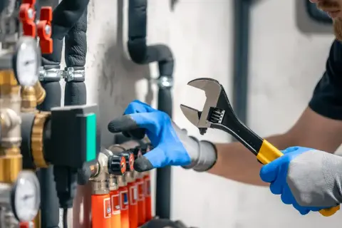 Instalator w niebieskich rękawiczkach reguluje mieszacz wody ciepłej i zimnej za pomocą klucza.