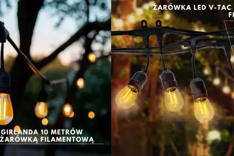 Girlanda 10 metrów z żarówką filamentową na zewnątrz. Ciepłe światło tworzy magiczny nastrój.