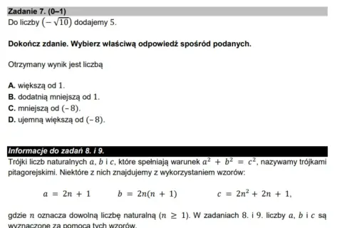 Fragment zadania z matematyki z pytaniem o liczbę i wzorami na trójki pitagorejskie.
