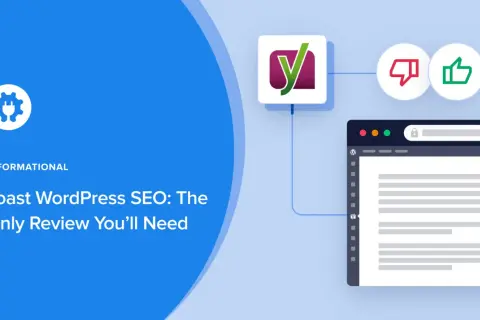 El logo de Yoast SEO aparece junto a iconos de pulgar arriba/abajo y una ventana de navegador, indicando su función para optimizar contenido.