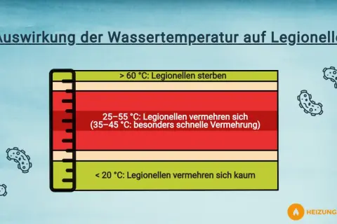 Thermische Desinfektion: Über 60°C sterben Legionellen. Unter 20°C vermehren sie sich kaum.