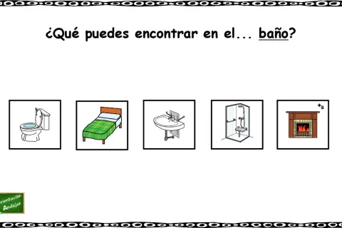 Actividades para trabajar las partes de la casa: imágenes de un inodoro, cama, lavabo, ducha y chimenea.