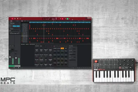 AKAI MPK mini controller and MPC Beats software on a wooden surface, ready for creating mpc beats.