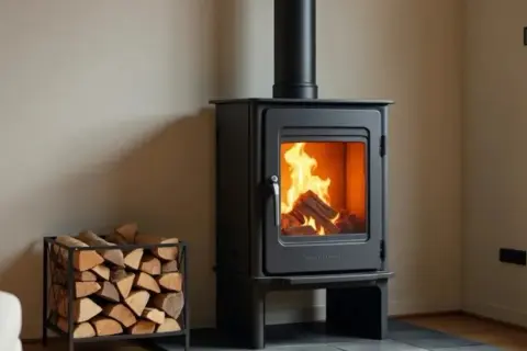 Un poêle à bois moderne avec des flammes vives, prêt pour une performance chaleureuse. Du bois est empilé à côté, promettant des soirées douillettes.