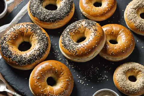 Plusieurs bagels dorés, certains parsemés de graines de sésame noires et blanches, prêts pour la cuisson.