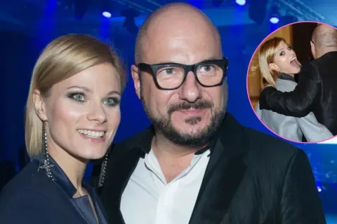 Piotr Gąsowski z partnerką, uśmiechnięci i blisko siebie. W kółku widać ich w bardziej intymnej chwili.