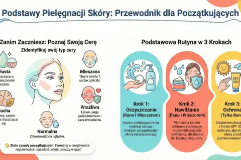 Ilustracja przedstawia typy cery i podstawową rutynę pielęgnacyjną. Widać różne rodzaje twarzy, od tłustej po wrażliwą, oraz kroki: oczyszczanie, nawilżanie i ochrona.