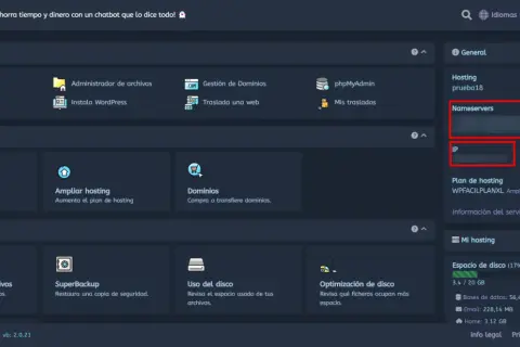 Panel de control web con opciones de hosting, dominios y archivos. Muestra la sección "Nameservers" y "IP" para configurar tu hosting.