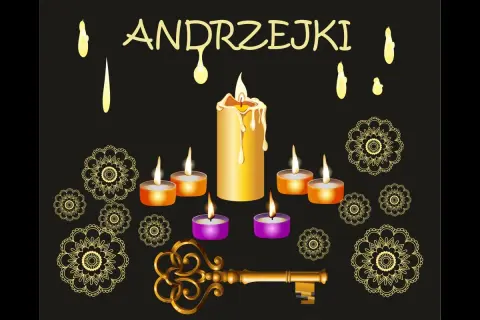 Andrzejki: płonące świece, klucz i ozdobne mandale symbolizują tajemnicę i wróżby.
