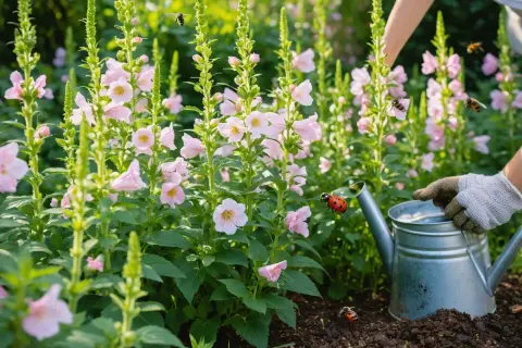 Un jardinier arrose des fleurs de hibiscus syriacus roses, tandis que des coccinelles et des abeilles butinent.