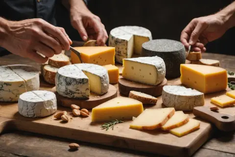 Plateau de fromages variés, dont un fromage de l'abbaye de Cîteaux, prêt à être dégusté avec du pain et des amandes.
