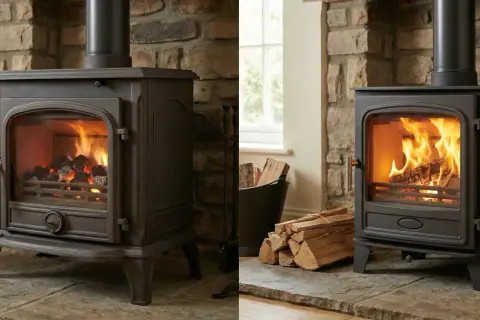 Zwei Gusseisenöfen, einer mit Kohle, der andere mit Holz befeuert. Ein Zeitbrandofen sorgt für wohlige Wärme.