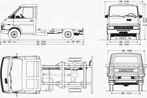 Rysunek techniczny Renault Trafic 3 z widokami z boku, przodu, tyłu i z góry, z wymiarami.