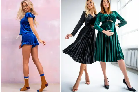 Eleganckie stylizacje na sylwestra w domu: aksamitny granatowy komplet, czarna i zielona sukienka.