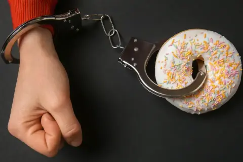 Ręka w kajdankach, połączona z pączkiem. Symbol walki z uzależnieniem od słodyczy.