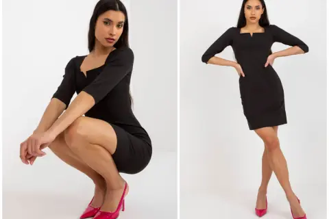 Elegancka czarna sukienka na wesele stylizacje. Krótka, dopasowana sukienka z dekoltem w kształcie litery V i rękawem 3/4.