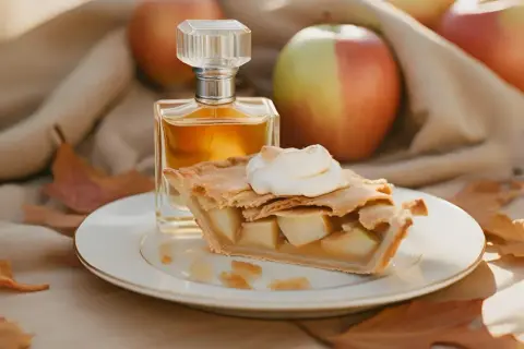 Perfumy o zapachu szarlotki, obok pysznego kawałka ciasta z bitą śmietaną i jabłek.