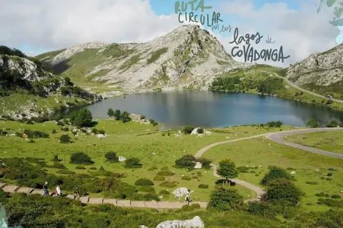 Un perro disfruta de la ruta circular por los lagos de Covadonga, con un paisaje montañoso y un lago sereno.