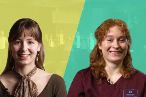 Zwei Frauen lächeln in die Kamera. Links Marie-Luisa Kunst vor einer Bühne, rechts eine Ärztin im OP-Kittel.