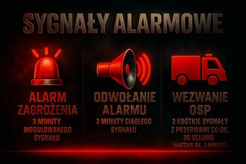 Grafika przedstawia trzy ikony: migającą syrenę alarmową, głośnik i wóz strażacki, z opisami sygnałów alarmowych.