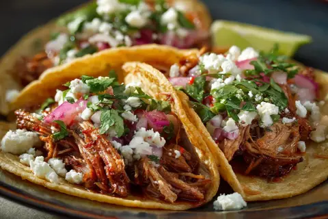 Tre saftiga carnitas-tacos med smulad ost, hackad lök och koriander. Perfekt för ett snabbt och gott carnitas recept.