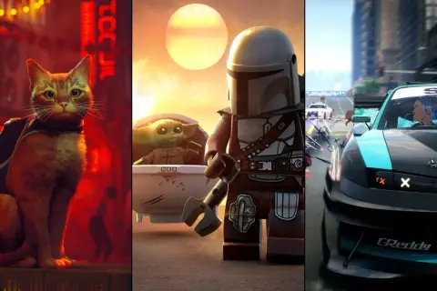 Kot w cyberpunkowym mieście, Lego Mandalorian z Grogu, i samochód wyścigowy.