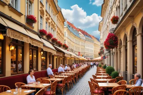 En livlig gata i Wien med många uteserveringar, perfekt för att njuta av vällagad vienna food under en solig dag.