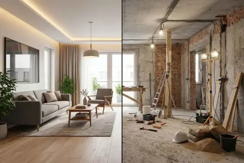 Un lado muestra un salón moderno y acogedor, el otro, el interior de una casa en construcción, con ladrillos expuestos y herramientas. El tabique casa se transforma.