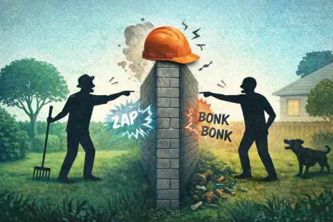 Due sagome puntano il dito contro un muro di confine tra due proprietà, con un casco arancione in cima. Suoni di "ZAP" e "BONK" indicano un conflitto.