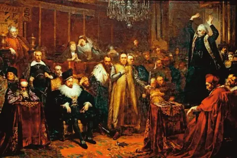 Kazania sejmowe streszczenie: Piotr Skarga przemawia do szlachty w sali sejmowej, wygłaszając płomienne kazanie.