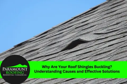 Close-up of a roof with several buckling shingles. A bright blue sky is visible in the background. Text overlay asks, "Why Are Your Roof Shingles Buckling?