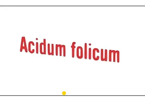 Napis "Acidum folicum" w kolorze czerwonym, lekko pochylony.