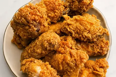 Talerz pełen chrupiących, złocistych kawałków kurczaka, jak z KFC. Idealne na rodzinny obiad.